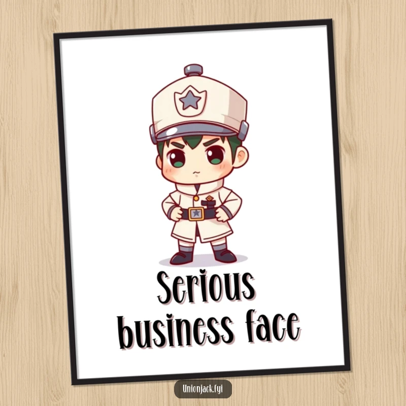 Funny poster depicting a character standing in an exaggeratedly stiff and formal guard pose, exuding comical authority and seriousness.