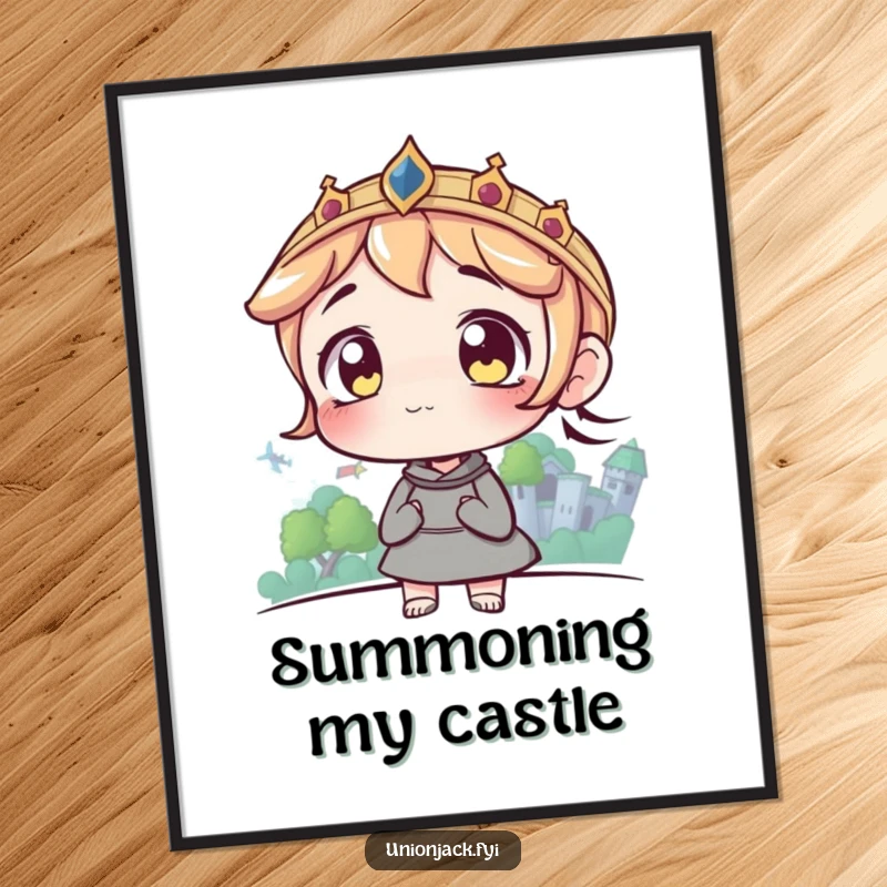 Funny poster of a character with wide, captivated eyes staring at a majestic castle on the horizon, symbolizing ambition.