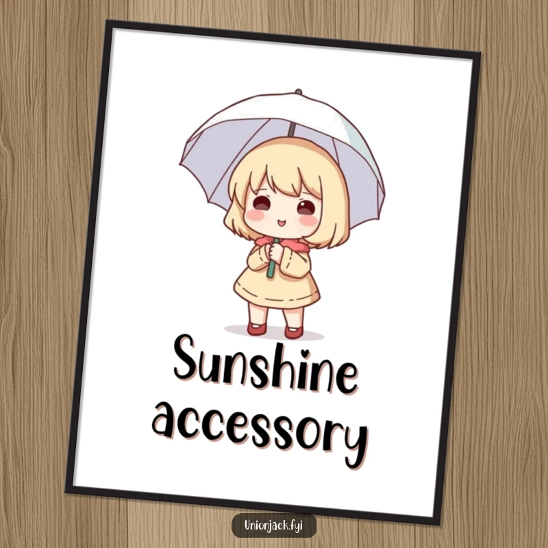 Funny poster of a cute character happily holding a small umbrella open, despite the absence of rain.