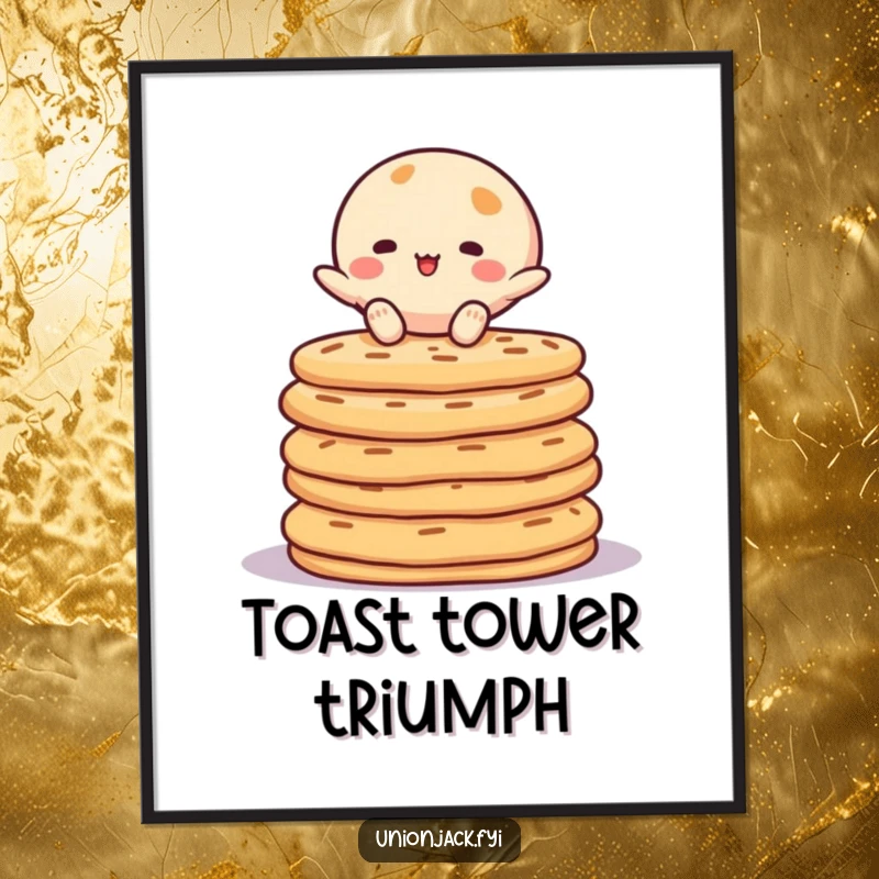 Funny poster art of a character triumphantly balancing on a towering stack of crumpets. A humorous and eye-catching illustration.