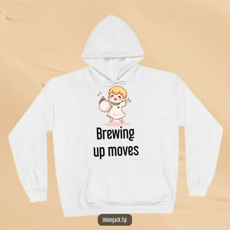 Funny hoodie featuring a small cartoon character joyfully doing a jig with a teapot, perfect for cozying up with tea.
