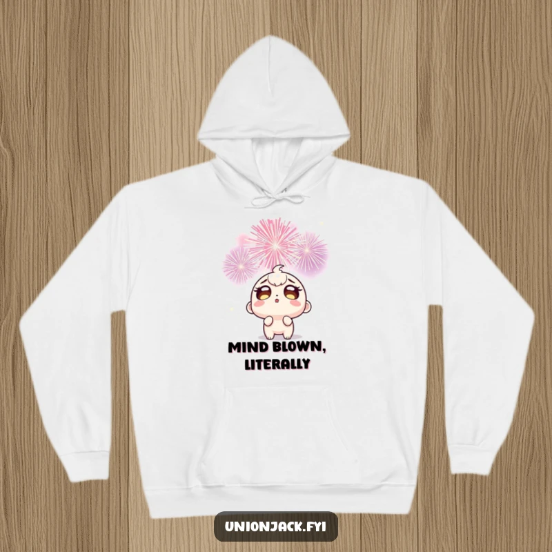 Funny hoodie featuring a wide-eyed character filled with awe and wonder while watching vibrant, exploding celebratory fireworks light up the night.