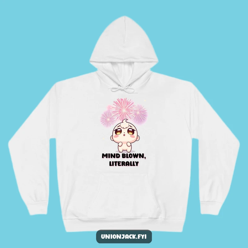 Cozy Funny Fireworks Hoodie: Wide-Eyed Character's Amazement, Warm & Humorous Gift!