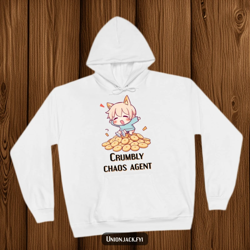Funny hoodie featuring a character comically tripping over a mountain of biscuits, perfect for a cozy laugh.