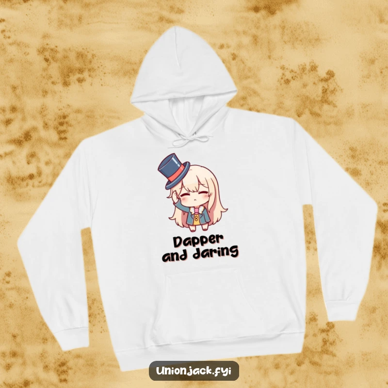 Funny hoodie with a character comically adjusting a tiny top hat and winking, offering warmth and a touch of playful sophistication.