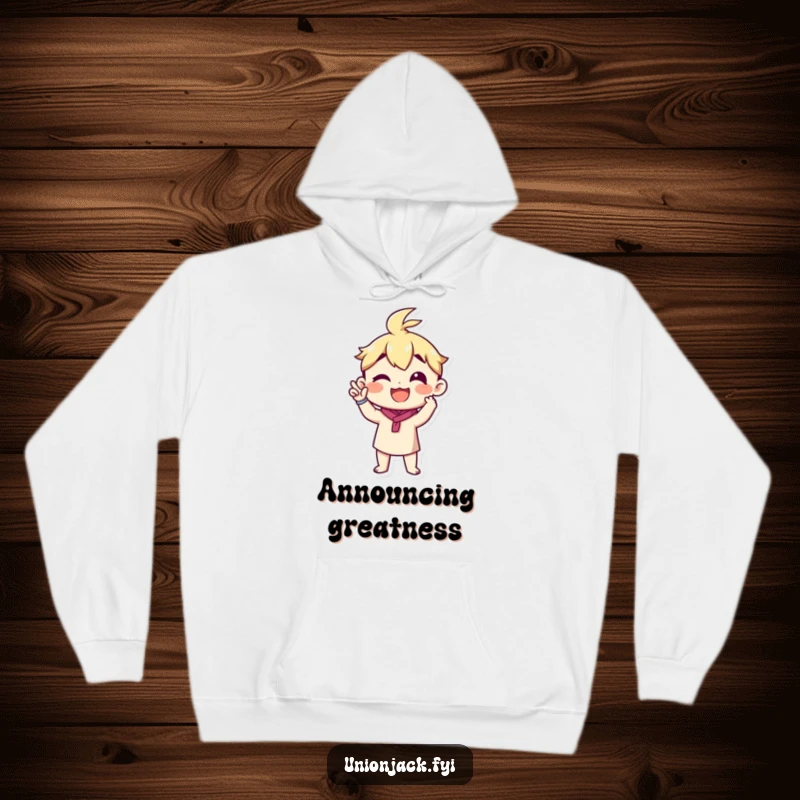 Funny hoodie featuring a character making a proud announcement gesture, perfect for cozy pronouncements.