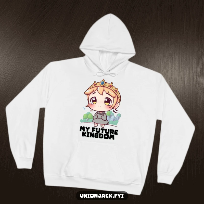 Funny hoodie featuring a character with wide eyes looking at a distant castle, offering cozy inspiration and aspiration.