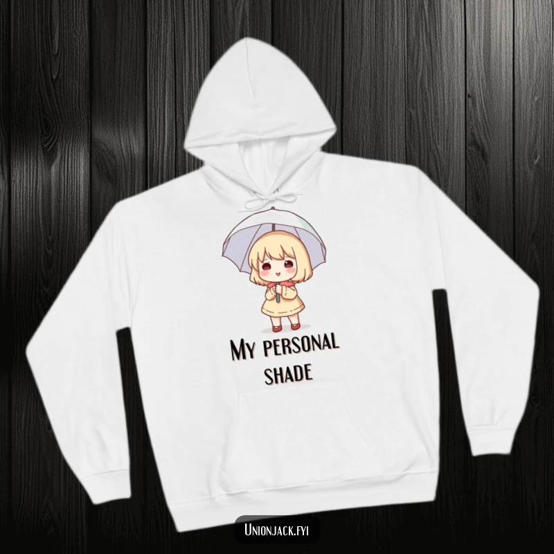 Funny hoodie depicting a cute character happily holding a small umbrella open, despite there being no rain.