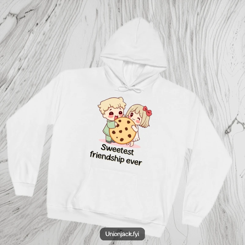 Funny hoodie shows a character sharing a giant cookie with a friend, embodying humorous friendship and warm, cozy vibes.