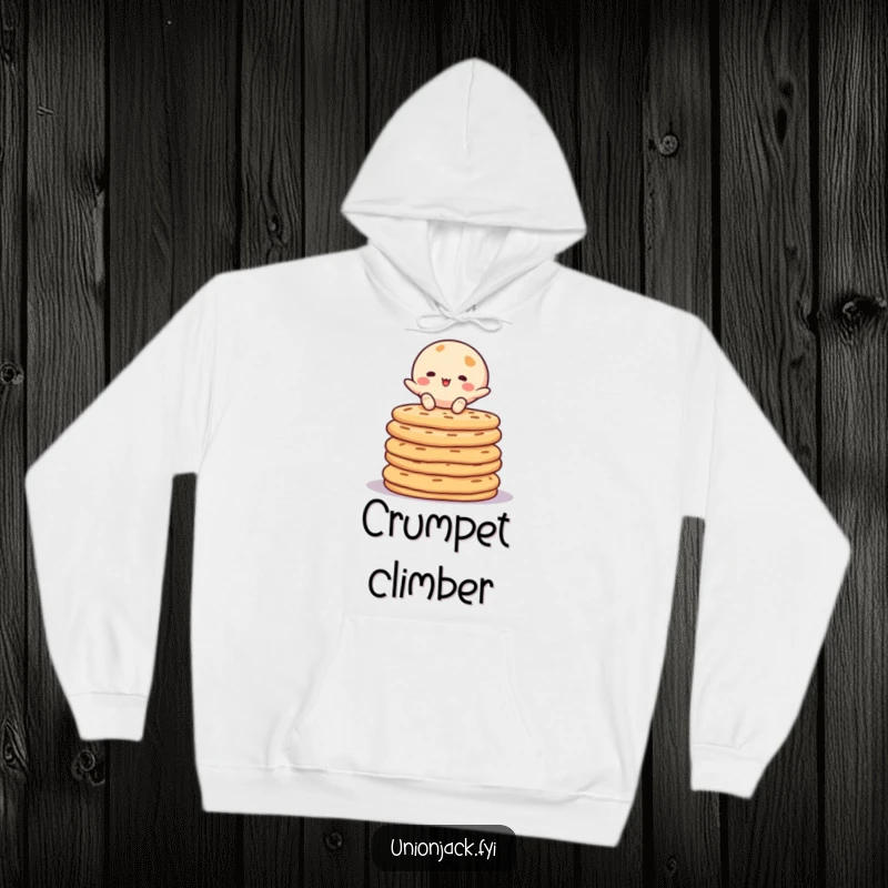 Funny hoodie with a cheerful character achieving perfect balance on a stack of golden crumpets. Cozy and humorous apparel for all.