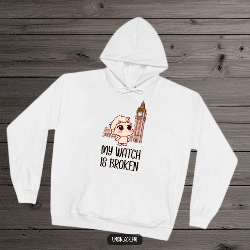 Funny hoodie depicting a curious character looking up at Big Ben with a questioning expression, perfect for London exploration.
