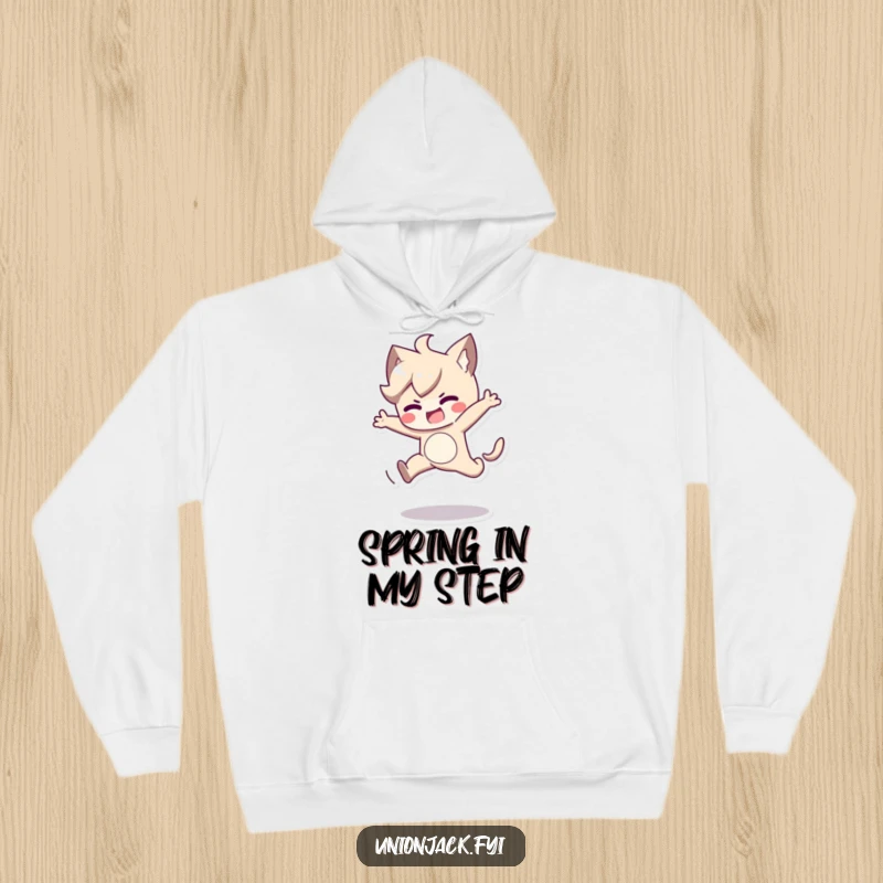 Funny hoodie featuring a character in a determined, playful jump. Cozy and humorous apparel for the energetic individual.
