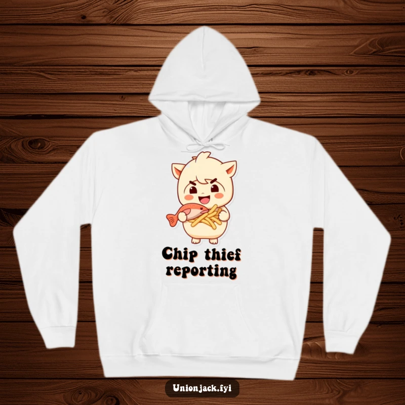 Funny hoodie featuring a character with a mischievous grin holding fish and chips. Warm, cozy, and humorously appetizing apparel.