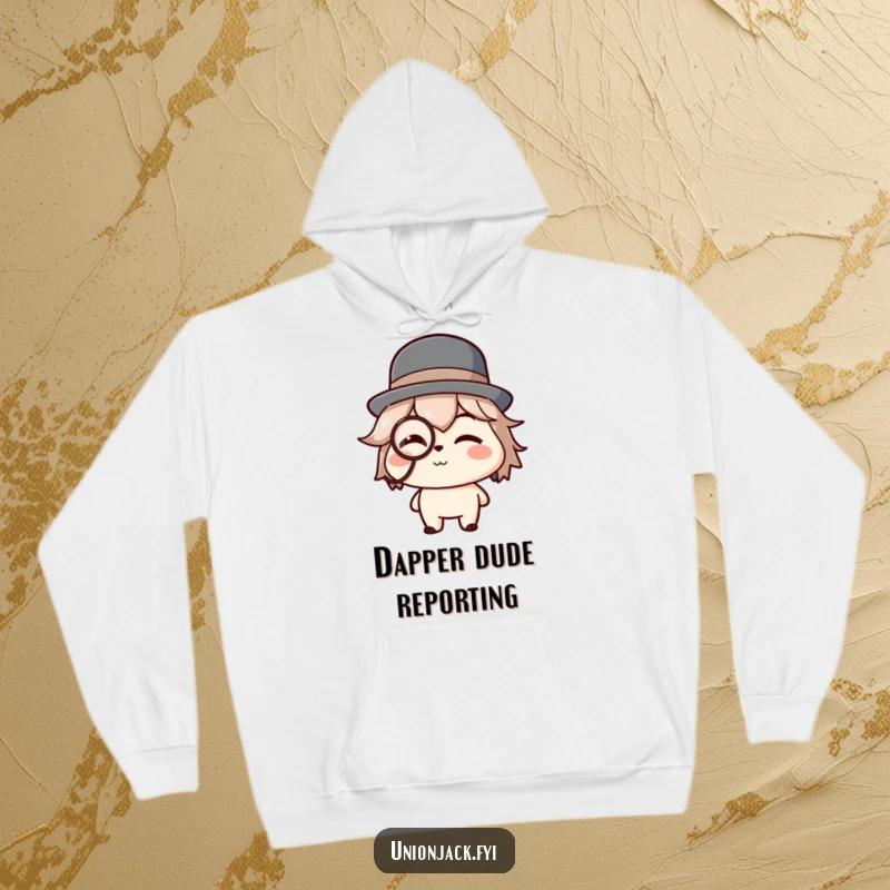Funny hoodie with a character elegantly dressed in a bowler hat and monocle, giving a flirtatious wink.
