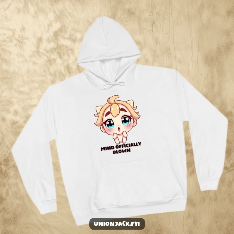 Funny hoodie featuring a cartoon character with wide, surprised eyes and raised eyebrows, perfect for expressing comical shock in cozy comfort.