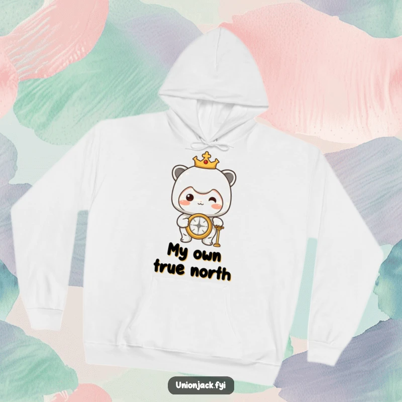 Funny Hoodie: Character proudly viewing a compass, perfect for cozying up with a humorous adventure and exploration theme.