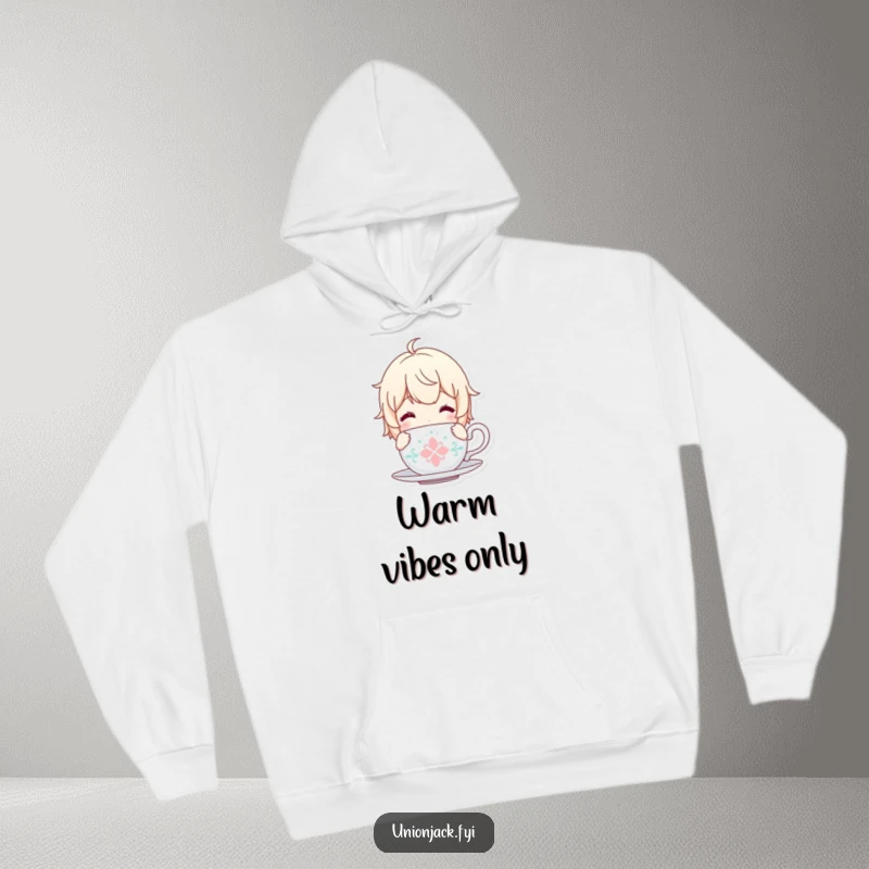 Funny hoodie featuring a content character with a tea cup, ideal for warmth and relaxation.