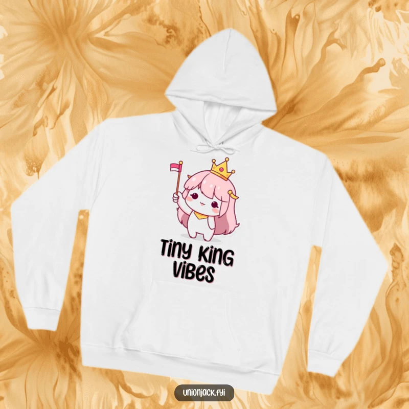 Funny Hoodie: Character with a small crown and flag, embodying playful royalty and cozy self-importance.