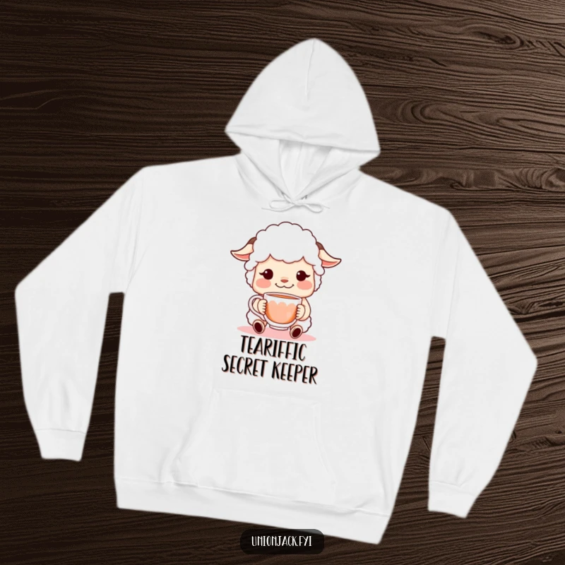 Funny hoodie depicting a sheepish character giving a sweet, shy grin while presenting a comforting cup of tea, ideal for cozy, humorous wear.