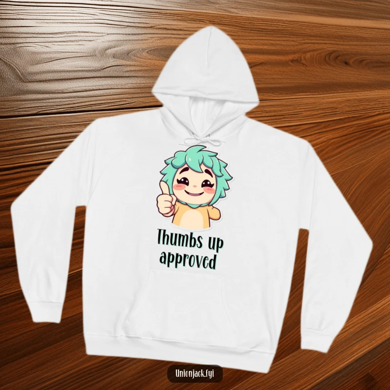 Funny hoodie featuring a character giving an exaggerated thumbs up and a cheeky grin, perfect for cozy approval.