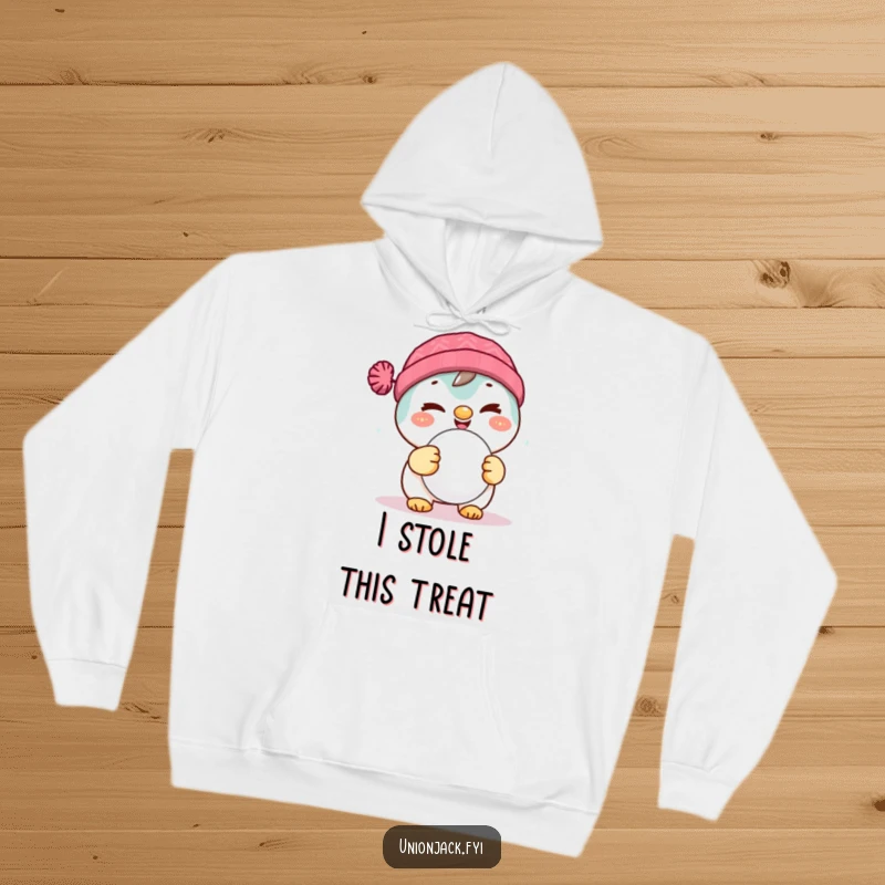 Funny hoodie featuring a delighted character winking playfully, holding a yummy scone, ideal for cozy indulgence.