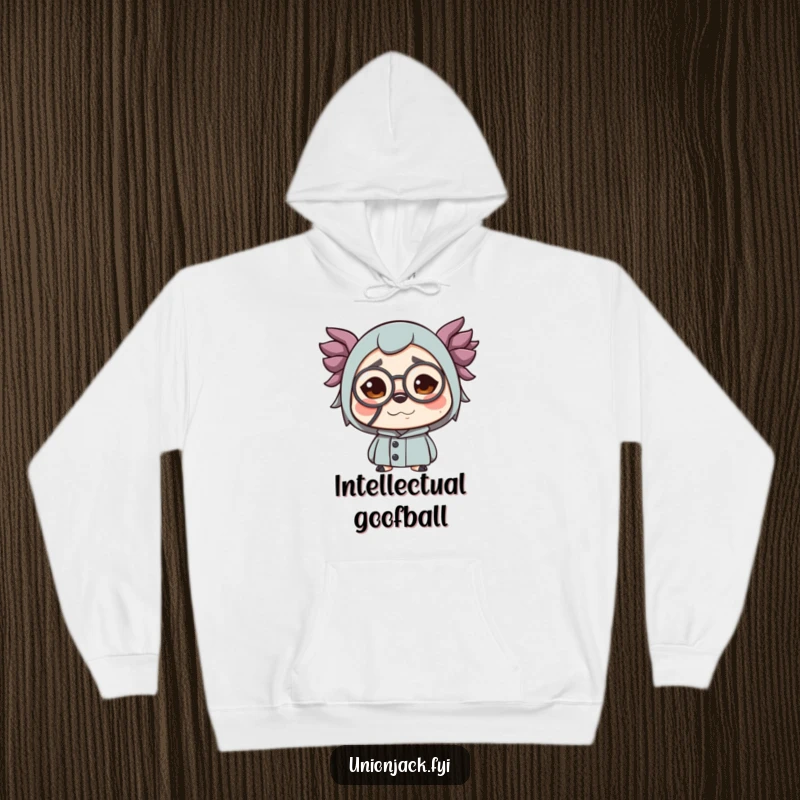 Funny hoodie featuring a character with a monocle making a funny face. Cozy and humorous apparel for the refined joker.