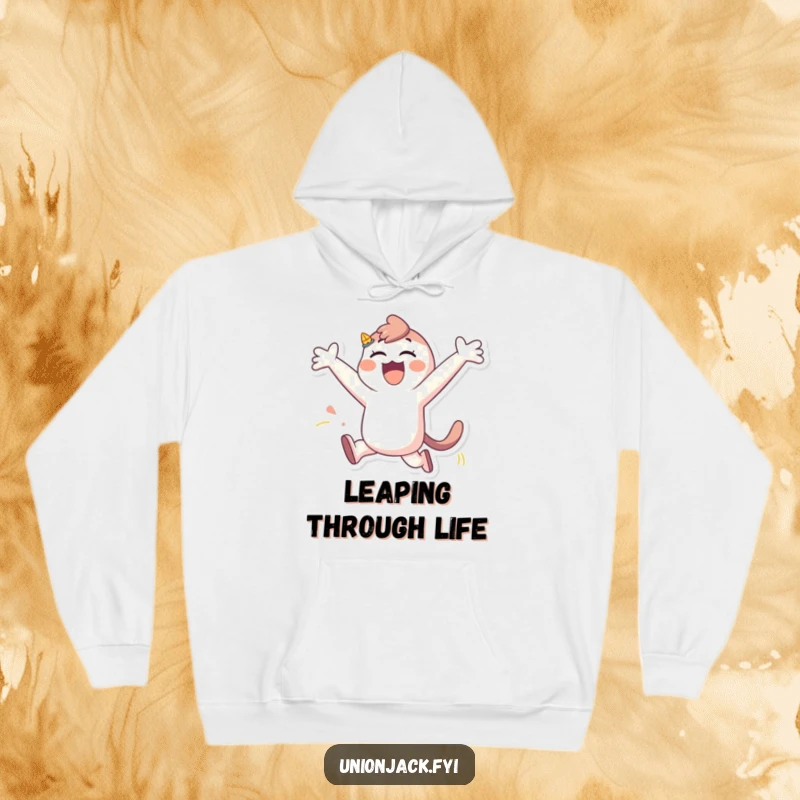 Funny hoodie print of a character doing a spontaneous, joyful leap with arms spread wide, symbolizing carefree happiness and warmth.