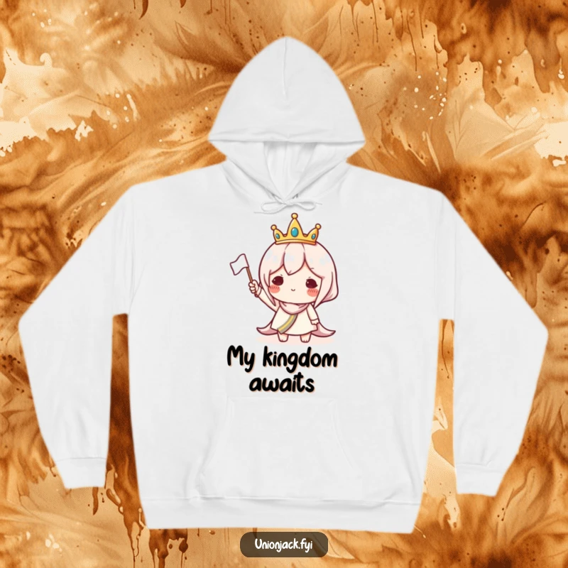 Funny hoodie with a character wearing a small crown and waving a flag, offering cozy, humorous royal vibes.