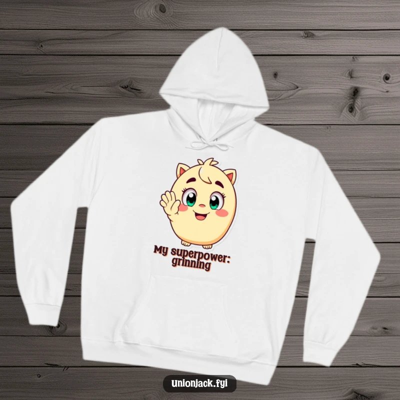 Funny hoodie showcasing a happy character with wide eyes and a playful grin, performing a cheerful salute, offering comfort and humor.