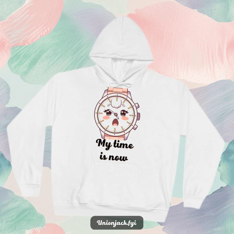 Funny hoodie depicting a surprised character, raised eyebrows, looking with admiration at a large watch face, offering warmth and intrigue.
