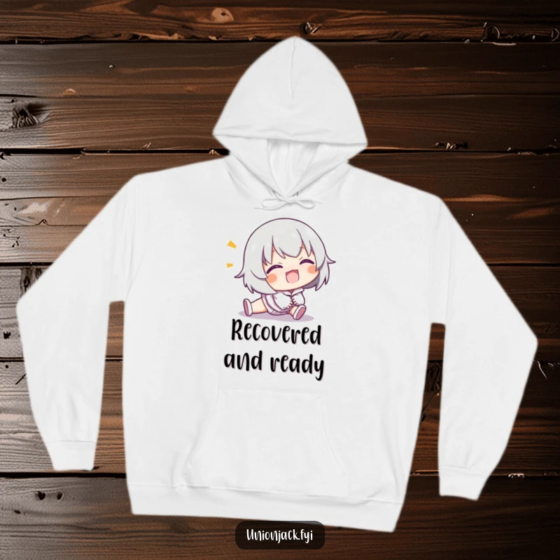 Funny hoodie featuring a character comically tripping but smiling, perfect for warmth and a good laugh.