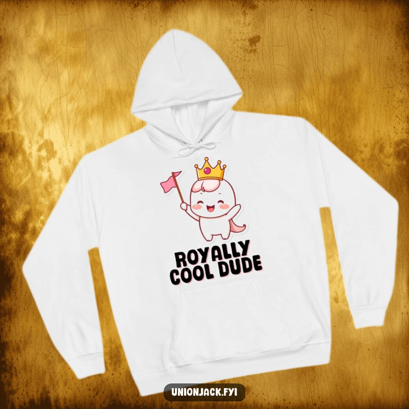 Funny Hoodie: A cheerful character dons a tiny crown and waves a small flag with pure joy and regal flair.