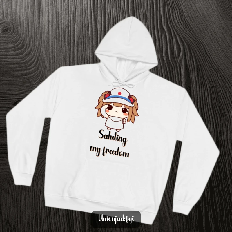 Funny hoodie with a cute character saluting proudly with a tiny flag, offering warmth and patriotic style.