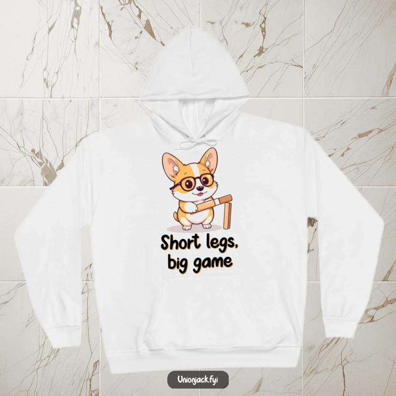 Funny corgi hoodie displays a determined corgi wearing a monocle, holding a cricket bat, ready for a match, offering warmth and humor.