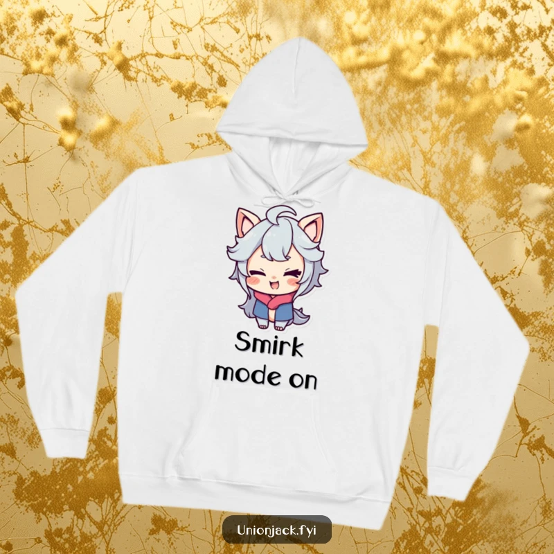 Funny hoodie illustration of a character with a playful smirk, giving a cheeky wink, embodying delightful mischief and playful confidence.