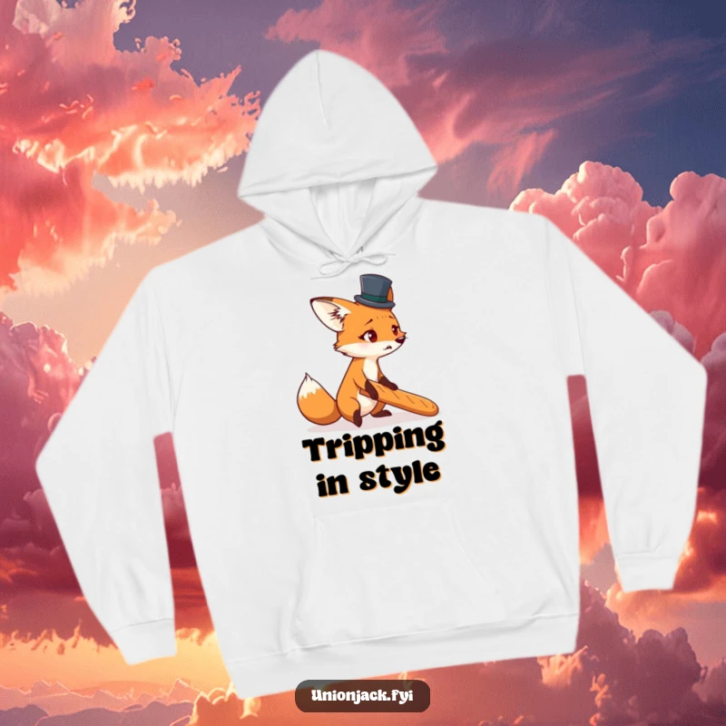 Funny hoodie showing a startled fox in a tiny top hat, comically tripping over a baguette, for cozy laughs.