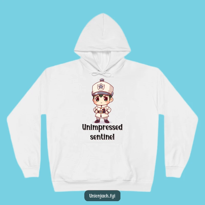 Cozy Funny Guard Hoodie: Character's Stiff Pose, Warm & Humorous Gift!