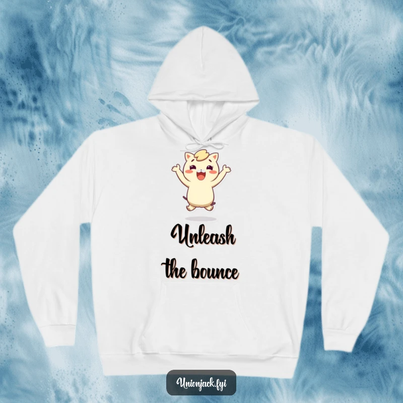 Funny hoodie depicting a character doing a comical, joyful hop, perfect for casual wear and spreading smiles.