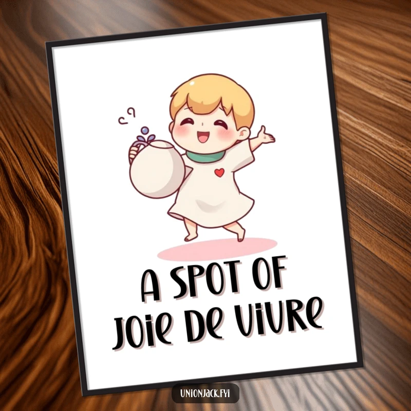 Funny Free Printable Wall Art: Small character joyfully doing a jig with a teapot, radiating happiness and warmth.