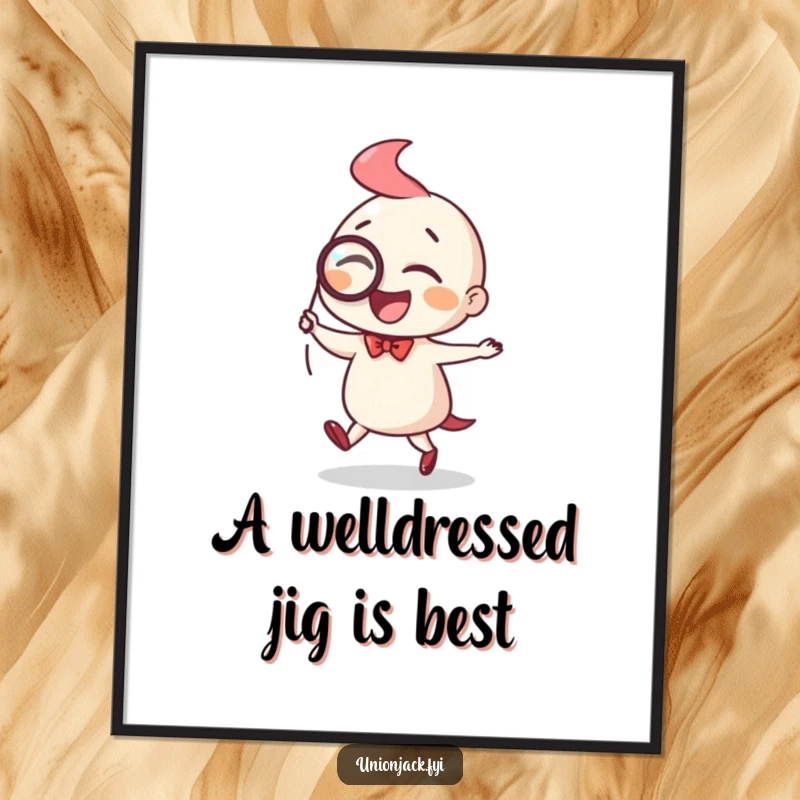 Funny Free Printable Wall Art showcasing a well-dressed character joyfully doing a little jig, monocle in place, adding charm to any room.