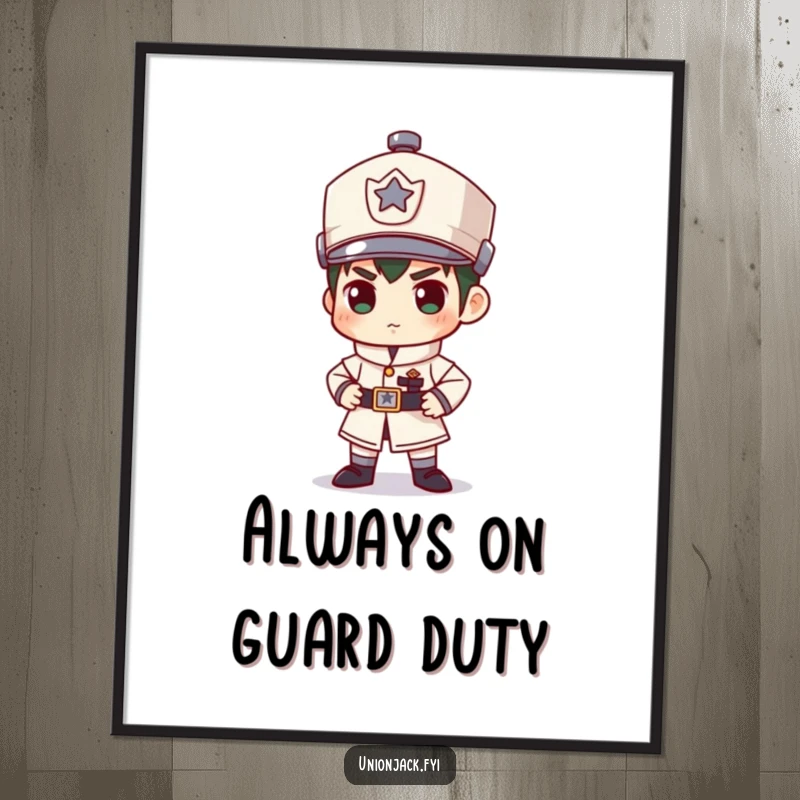 Funny Free Printable Wall Art: Character depicted as a very stiff, comically serious guard, bringing playful vibes.