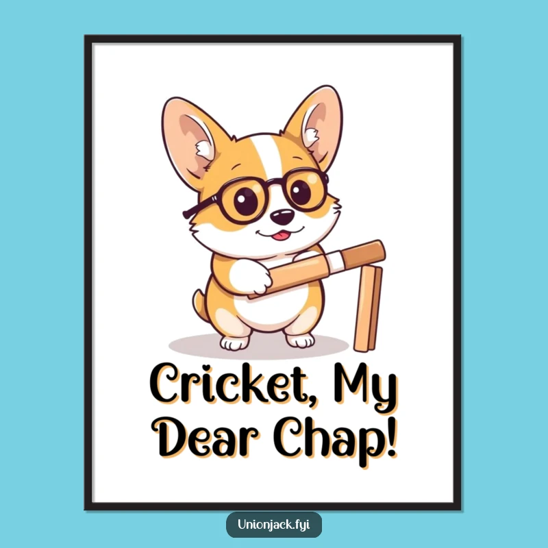 Free Printable Wall Art: Corgi Cricket Captain, Monocle Style, Quirky Downloadable Art