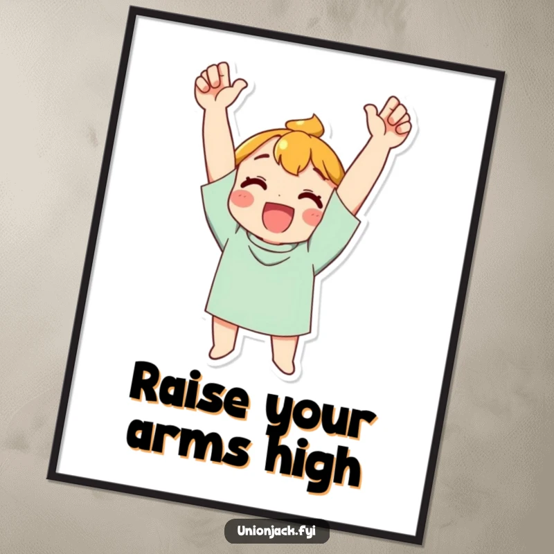 Funny Free Printable Wall Art of a character exclaiming in joy, with arms raised high in a triumphant cheer.