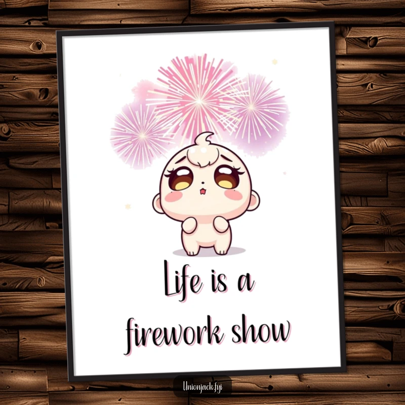Funny Free Printable Wall Art: Character with wide eyes captivated by a vibrant, exploding firework show.