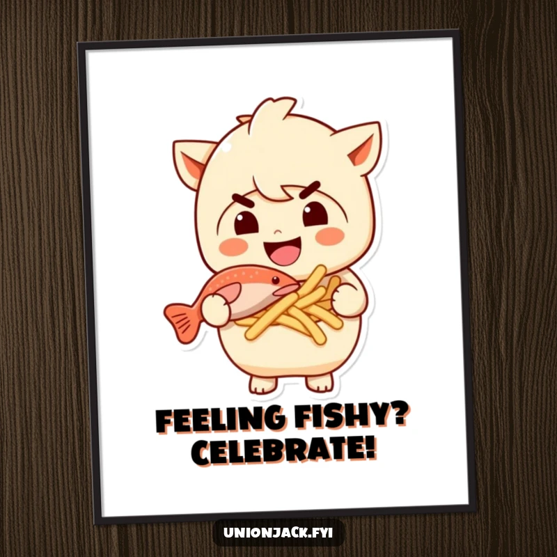 Funny Free Printable Wall Art of a character with a sly grin holding a tempting plate of fish and chips.