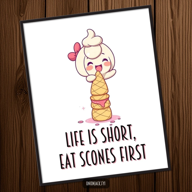 Funny Free Printable Wall Art: Character giggling uncontrollably while balancing a towering stack of delicious-looking scones.