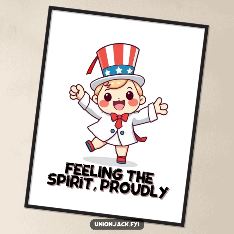Funny Free Printable Wall Art: A happy character performs a patriotic jig, bringing lively and humorous energy to your space.
