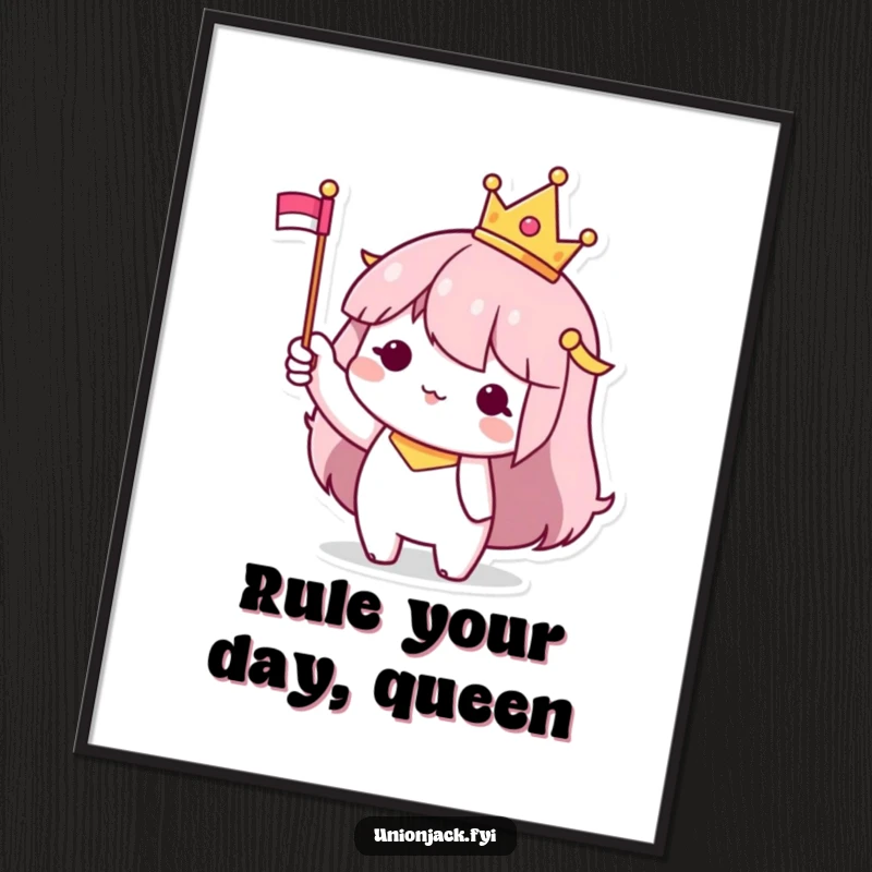 Funny Free Printable Wall Art of a character wearing a tiny crown and waving a small flag with a cheerful expression.