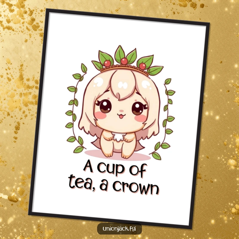 Funny Free Printable Wall Art: Character comically wearing a crown made of tea leaves, a whimsical and humorous piece of downloadable art.