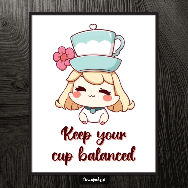 Funny Free Printable Wall Art of a character winking slyly while perfectly balancing a teacup on their head.